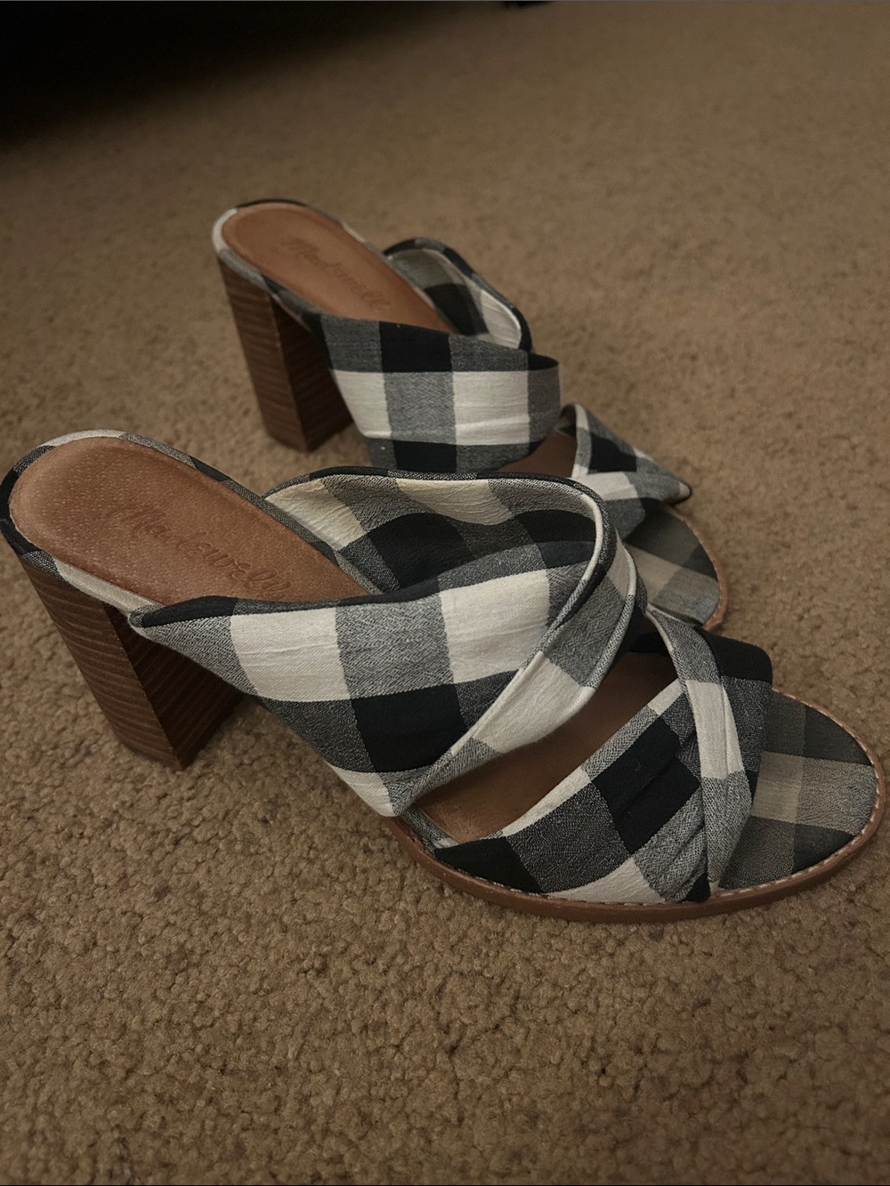 Madewell Black & White Buffalo Check Crisscross Block Heel Mules